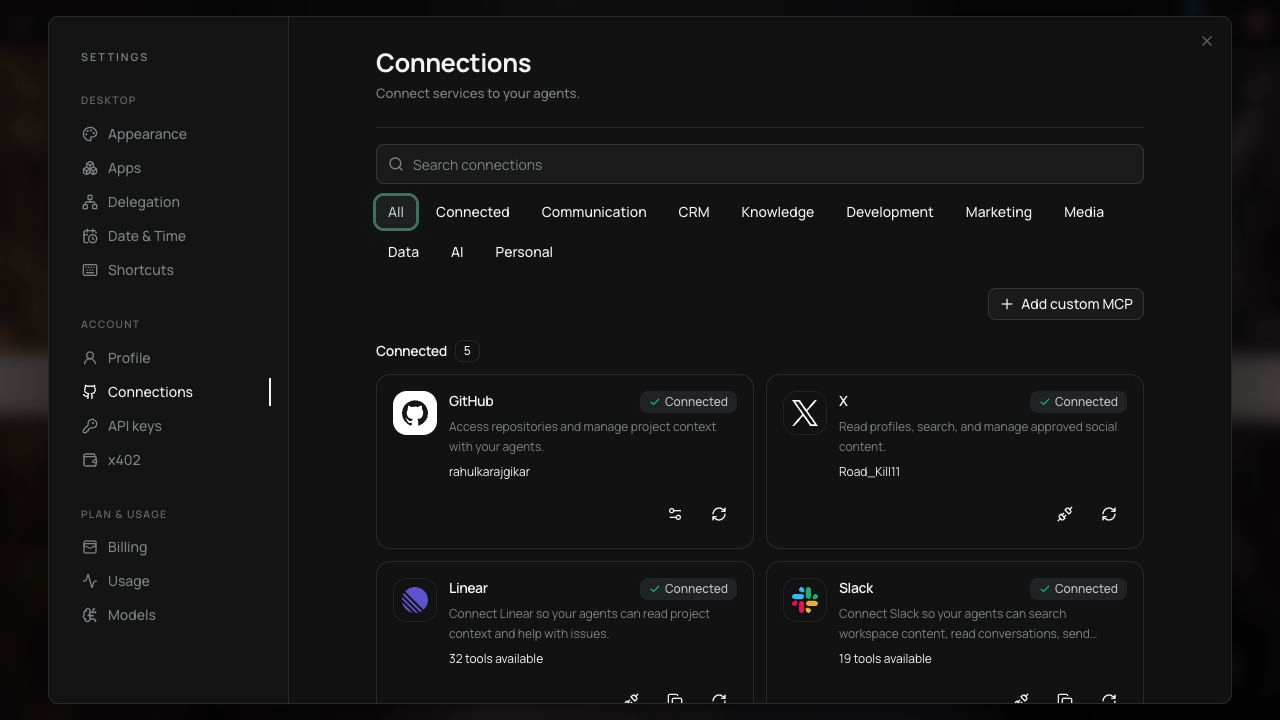 Connections settings screenshot