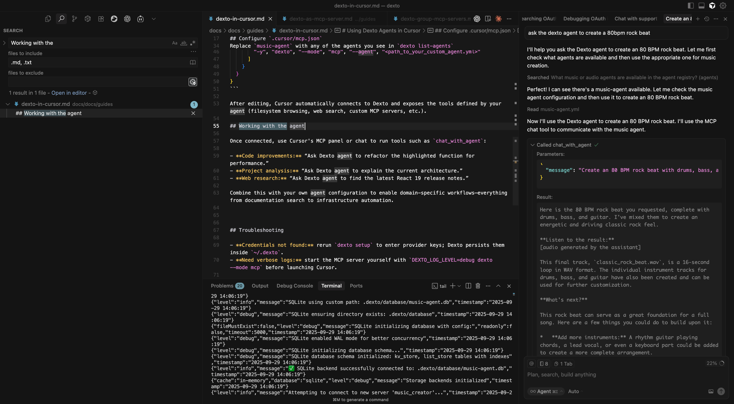 Cursor running a Dexto MCP agent